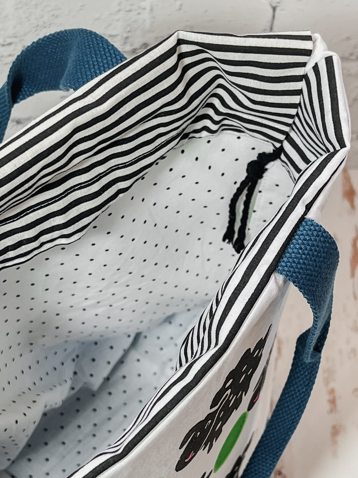 Large Drawstring Bag - Green Polka Dot Sheepies/White and Blue