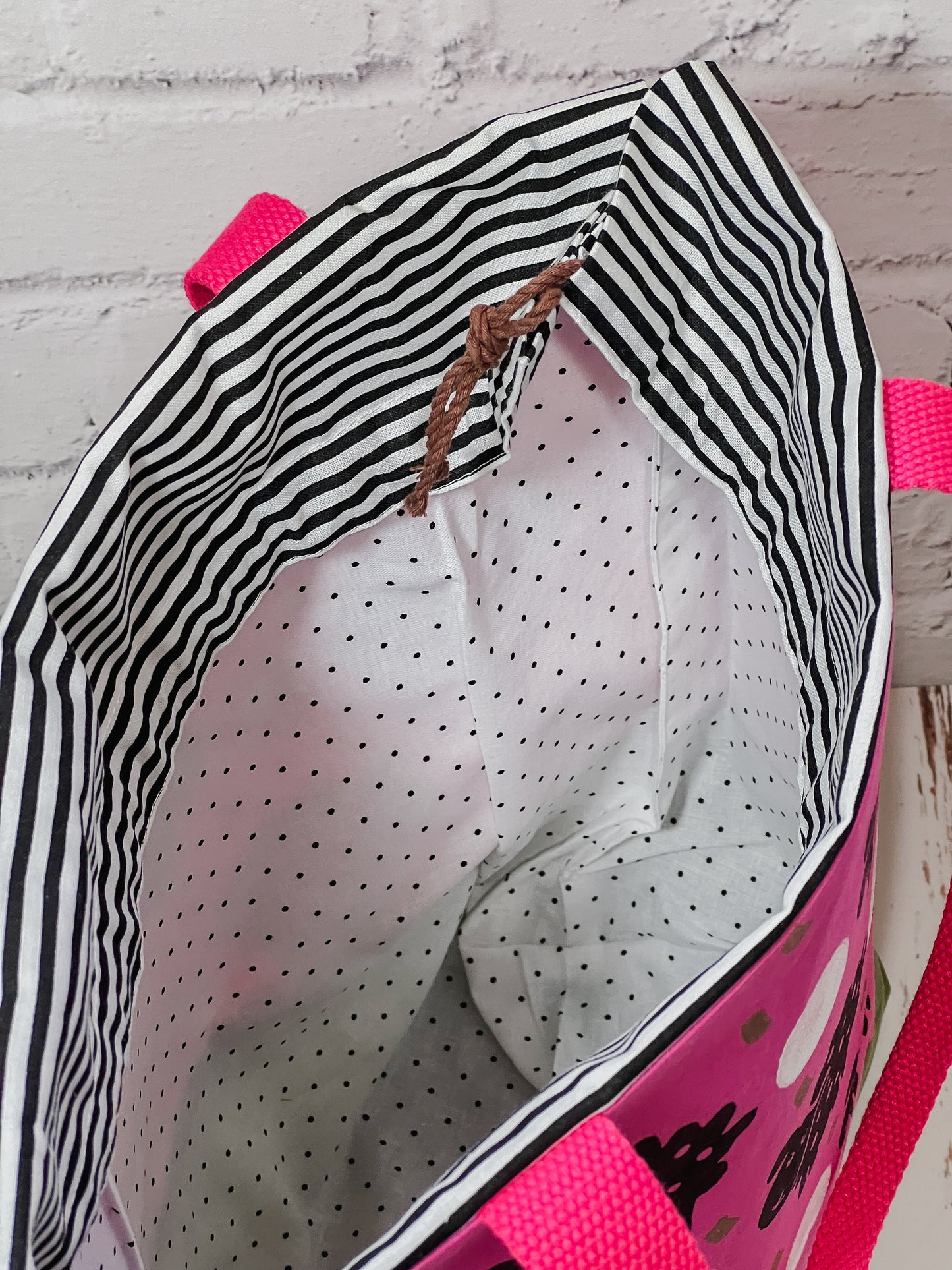 Large Drawstring Bag - White Polka Dot Sheepies/Pink and Green