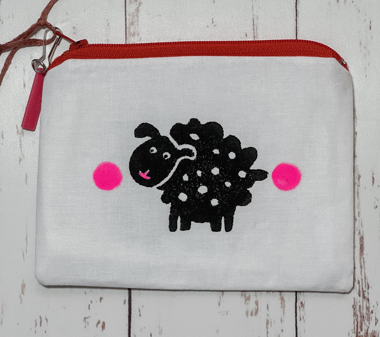 Notions Pouch - Pink Polka Dot Sheepie on White Canvas