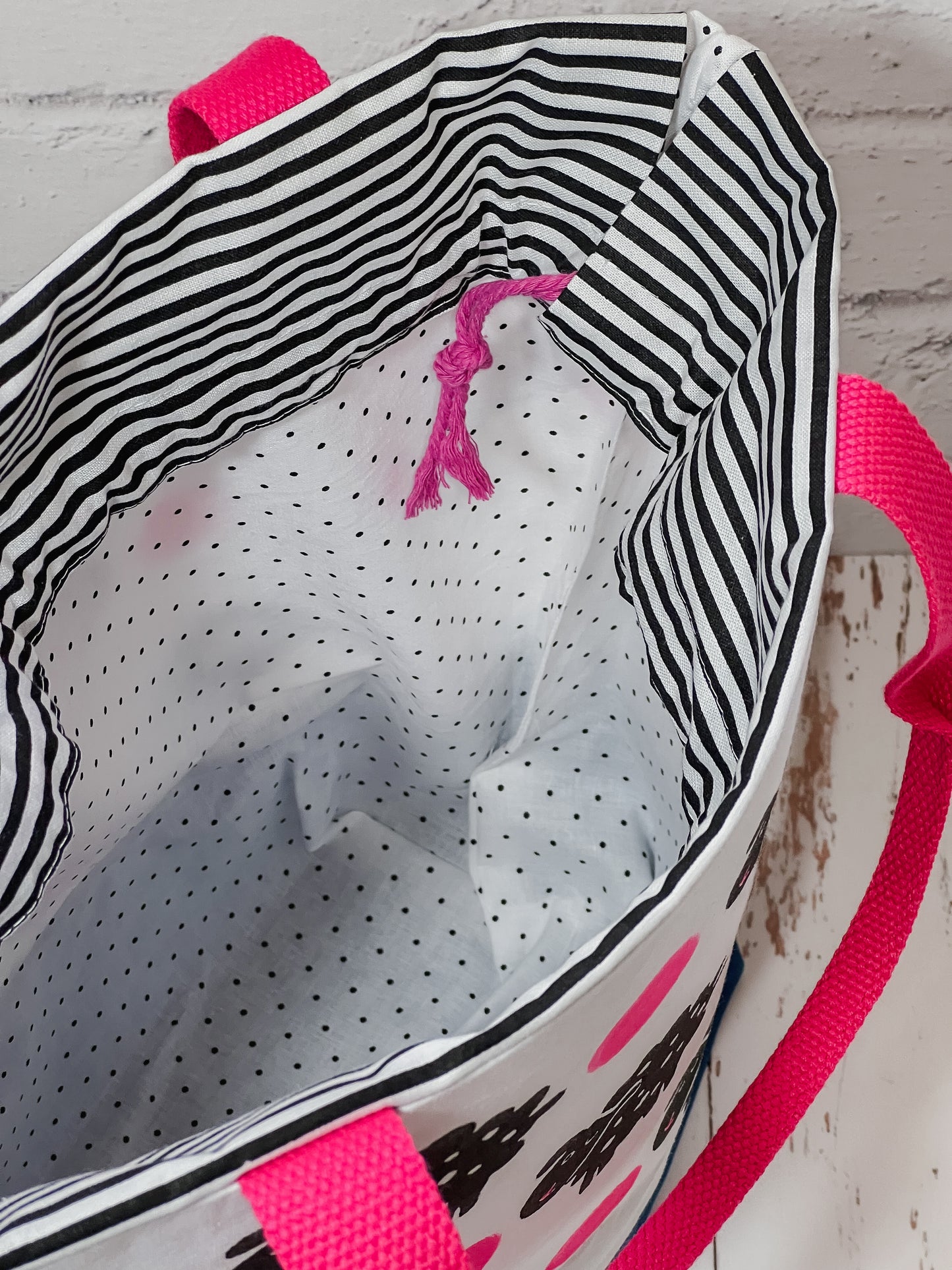 Large Drawstring Bag - Pink Polka Dot Sheepies/White and Blue