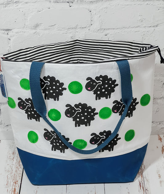 Large Drawstring Bag - Green Polka Dot Sheepies/White and Blue