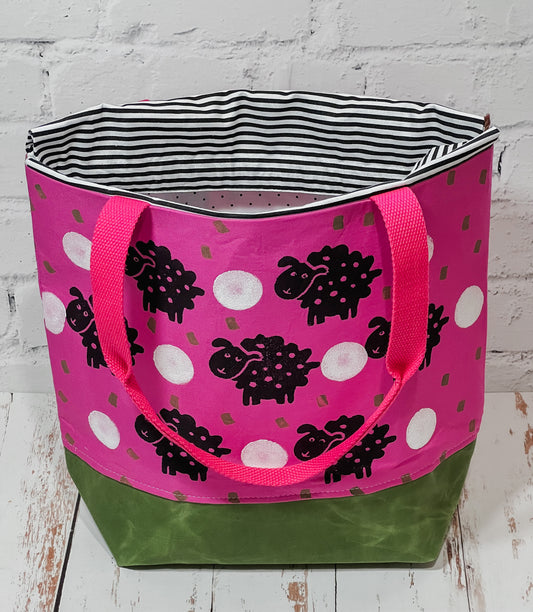 Large Drawstring Bag - White Polka Dot Sheepies/Pink and Green